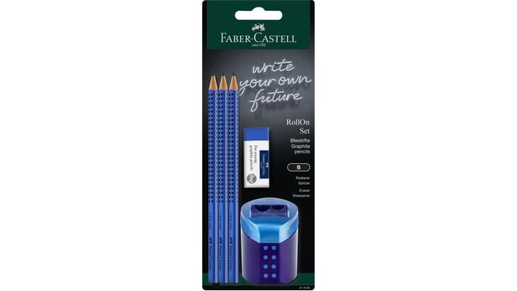 Σετ Γραφής Faber Castell 3 Μολύβια Grip με Γόμα & Ξύστρα Μπλε