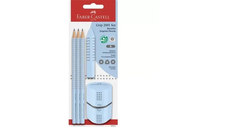 Σετ Γραφής Faber-Castell με Γόμα & Ξύστρα Trio Grip Σιέλ