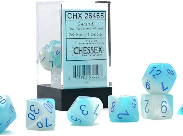 Gemini Pearl Turquoise-white/Βlue Luminary Polyhedral 7-die Set CHESSEX